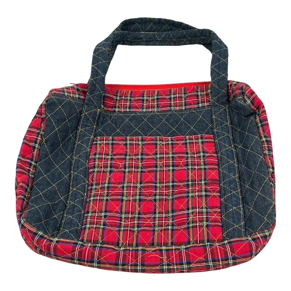 Bible Bag Quilted Red Plaid and Denim Trim Front Pocket